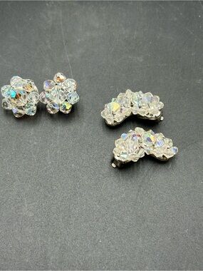 Crystal Cluster Clip-On Earrings and Clips - Clear Aurora Borealis, 2 pair
